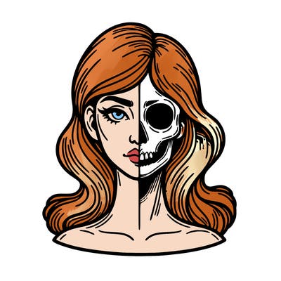 bust of a woman, half face and hair, half skull