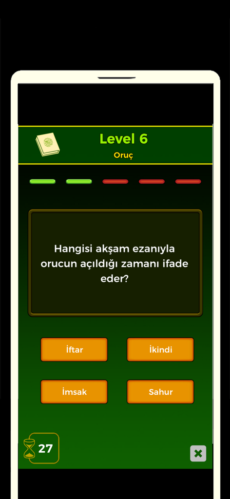 İslami soru cevap oyunu - Mobile screen of an Islamic trivia game showing a multiple choice question about fasting in Turkish.