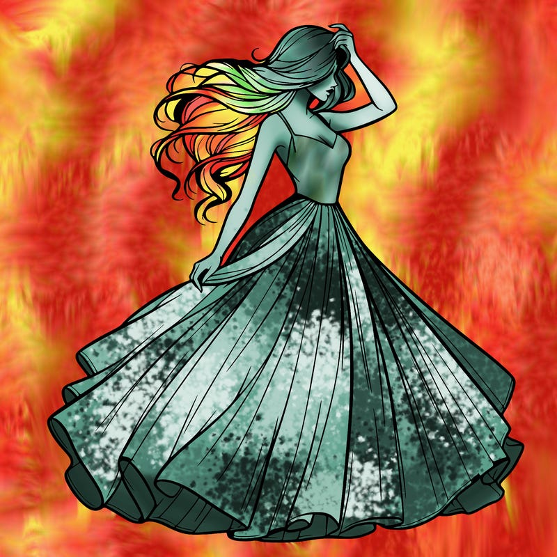 realistic woman with dress flowing in the wind