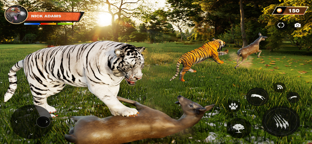 White tiger standing over a deer in a 3D jungle hunting game