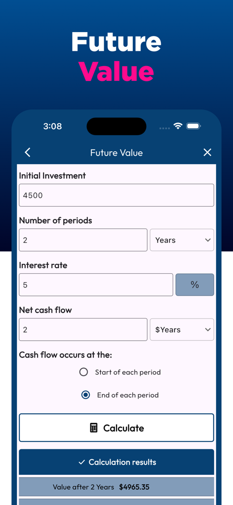 Future Value calculation interface in the FCalc app showing investment results
