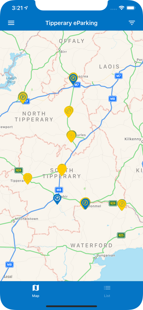 Tipperary eParking - Tipperary eParking app map showing parking locations in Tipperary Ireland