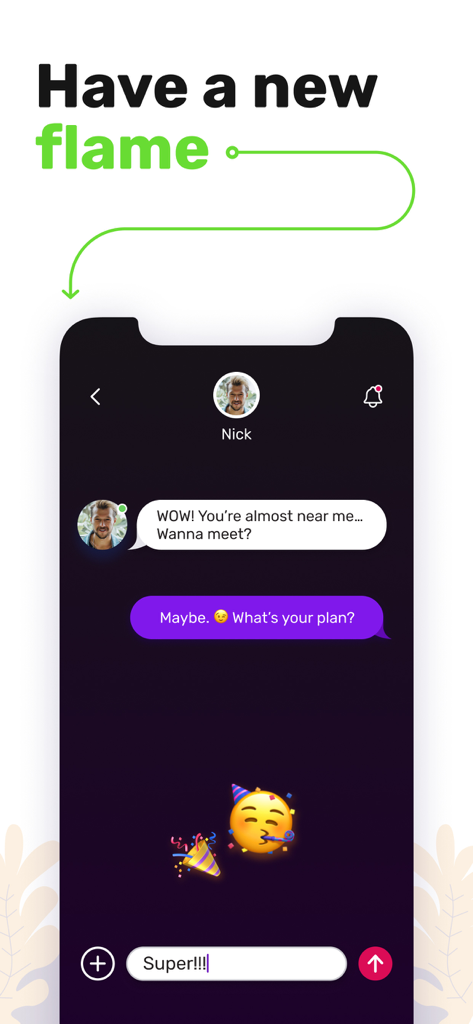 Siren dating app chat screen showing a conversation between two people with the headline Have a new flame