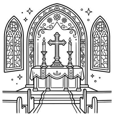 Journey into a place of reverence with this charming Cathedral Altar coloring page, specially designed for young hands. Kids will love bringing vibrant colors to the cross, candles, and beautiful stained-glass windows.