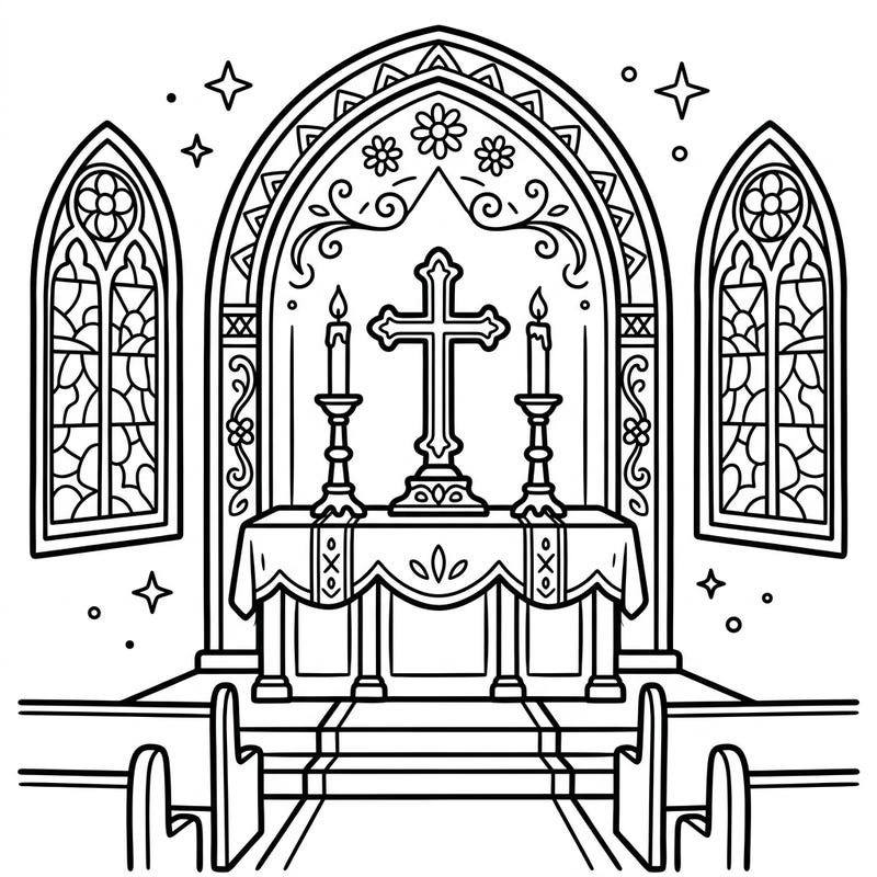 Journey into a place of reverence with this charming Cathedral Altar coloring page, specially designed for young hands. Kids will love bringing vibrant colors to the cross, candles, and beautiful stained-glass windows.