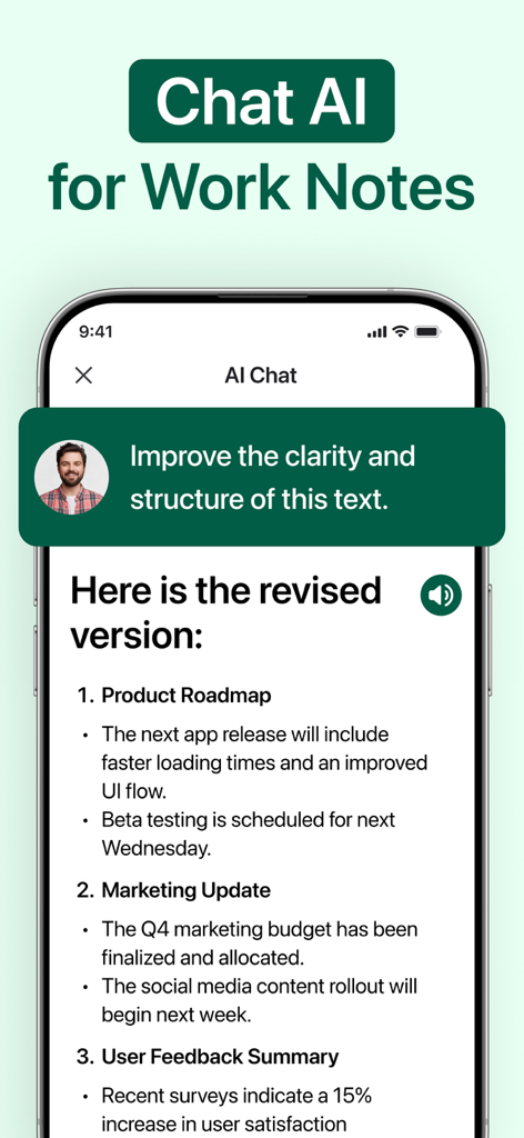 iNotebook: AI Note Taker - iNotebook AI chat interface showing how to improve the clarity and structure of work notes
