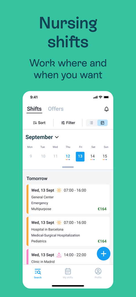 Interfaz de la app Livo que muestra los turnos de enfermería disponibles con fechas, lugares y tarifas de pago