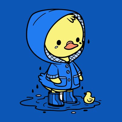 baby duck in a rain coat and boots, in a puddle while it’s raining