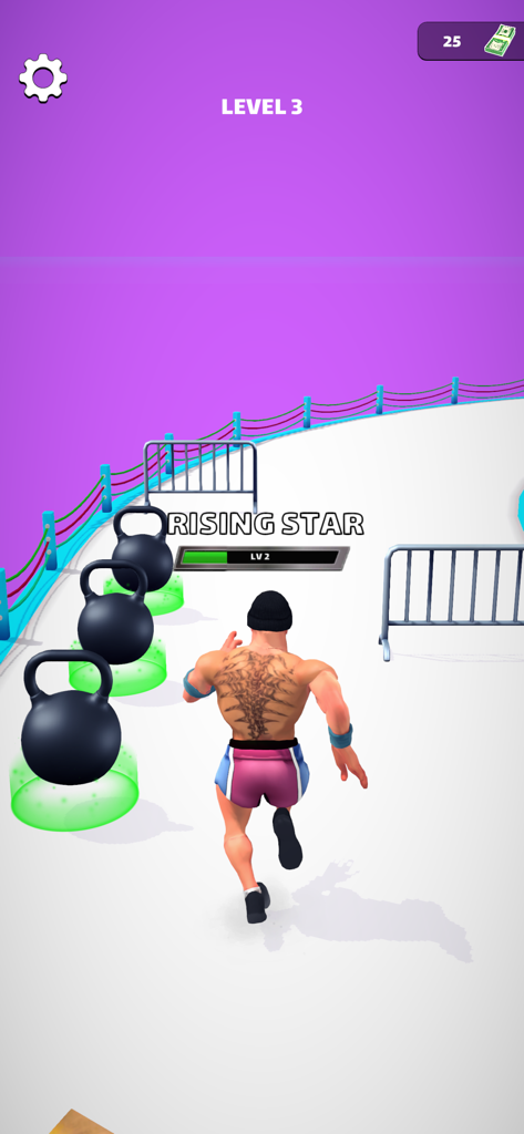 Wrestling Trivia Run! - A wrestler character running through kettlebell obstacles in a level of Wrestling Trivia Run
