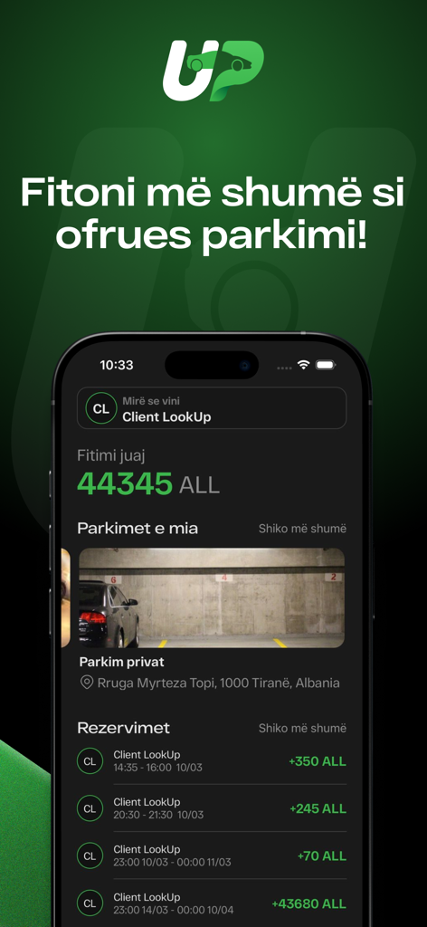 LookUp Parking - Tela do aplicativo LookUp Parking exibindo os ganhos do anfitrião e as reservas de estacionamento recentes