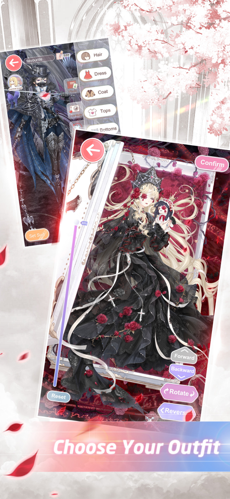 Love Nikki-Dress UP Queen - Zwei Mobile-Game-Bildschirme von Love Nikki, die detailreiche gotische Outfits mit Anpassungsmenüs für Haare, Kleider und Positionierung zeigen