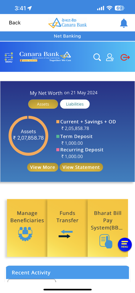 Canara CanDigital - Canara CanDigital net banking dashboard showing assets and fund transfer options