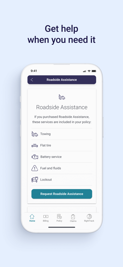 Safeco Mobile - Safeco Mobile app screen showing roadside assistance options including towing flat tire and battery service