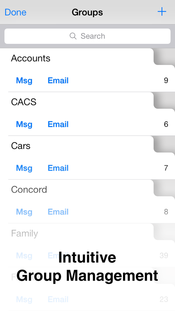 Screenshot of the Cloude app interface showing organized contact groups like Accounts and Family with options to message or email.