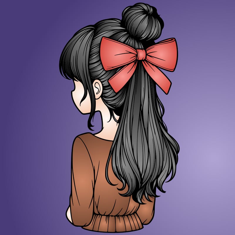 realistic girl  with hip length hair a bun and a big bow on the back of head