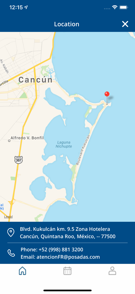 A map view within the Fiesta Americana Travelty app showing a hotel location in the Cancun hotel zone.