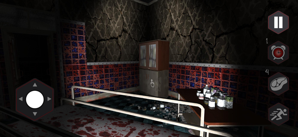 Scary Granny Nun Escape Game - Una habitación médica oscura y sangrienta con controles del juego en el juego de escape de terror de la Abuela Monja Aterradora