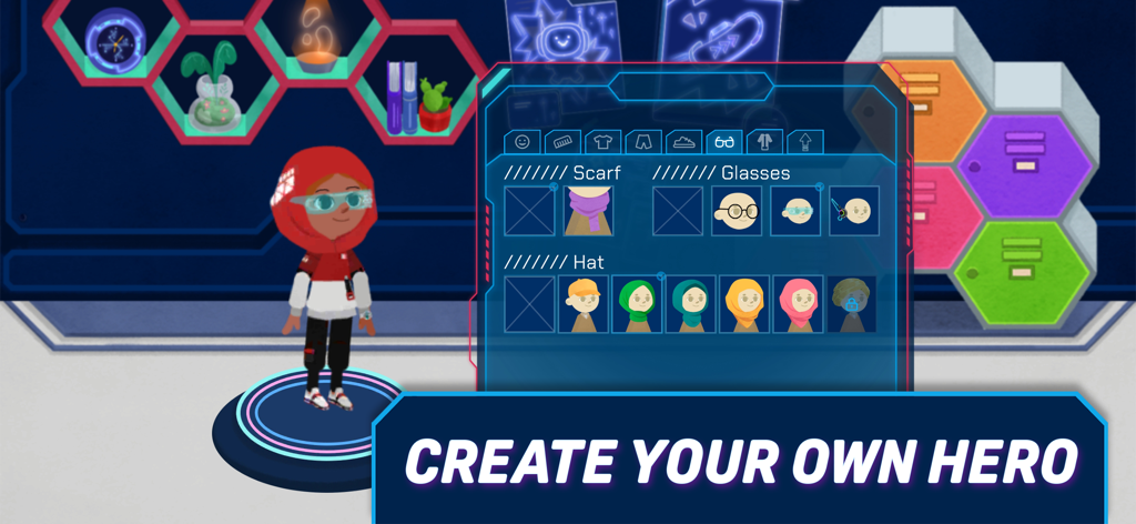 Time Hoppers - A character customization screen in the Time Hoppers app showing a diverse hero avatar and various clothing options including different colored hijabs