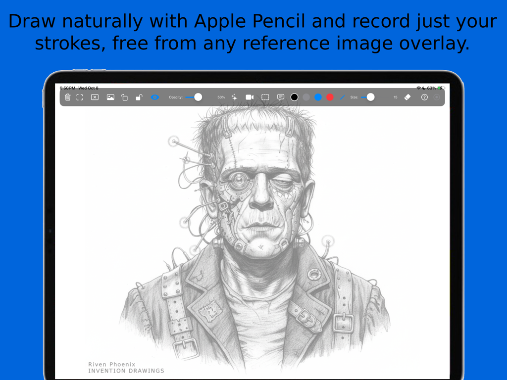 DrawLikePro - Un dibujo detallado a lápiz digital de un personaje de Frankenstein en un iPad usando la interfaz de la aplicación DrawLikePro.