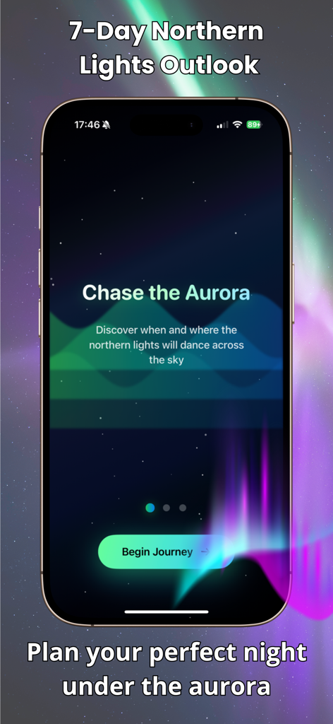 Aurora Forecast & Alerts - Aurora Forecast and Alerts 앱의 온보딩 화면에 '오로라 추적' 환영 메시지와 아이폰의 7일 전망이 표시됨.