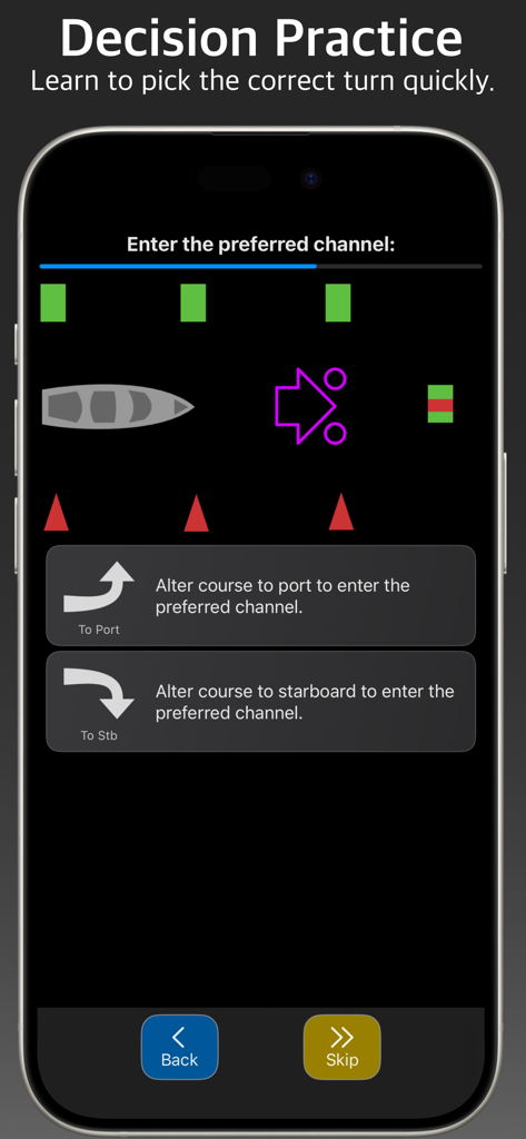 Screenshot of the Master-Nav app showing a maritime decision practice exercise for choosing the correct channel turn