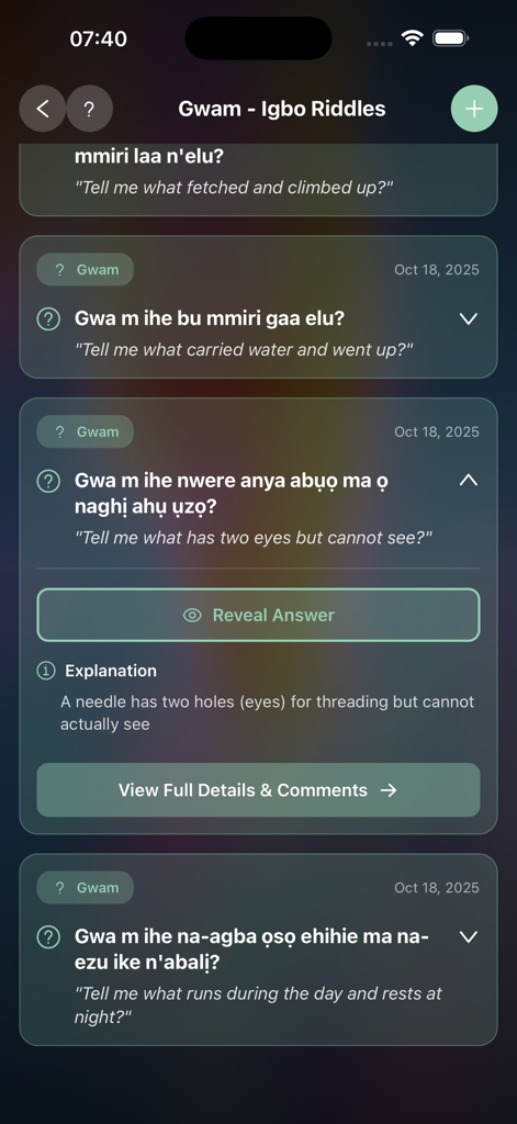 Onwá - A screen from the Onwa app displaying a list of traditional Igbo riddles and their explanations