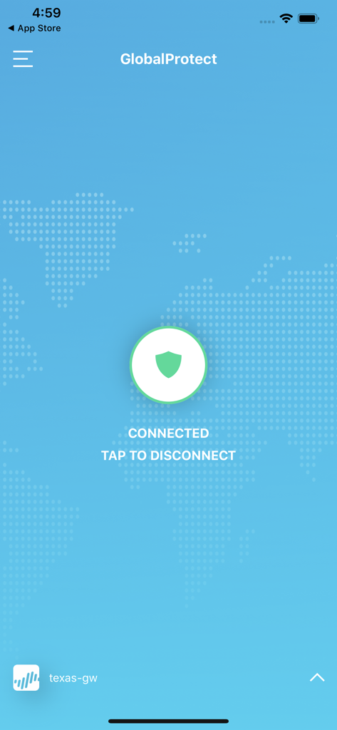 Interface do aplicativo móvel GlobalProtect mostrando um status de conexão VPN bem-sucedido com um ícone de escudo