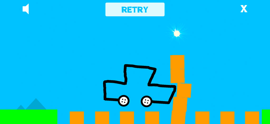 Car Drawing Game - A hand-drawn black car outline navigating over orange obstacles in a blue and green physics-based puzzle level.
