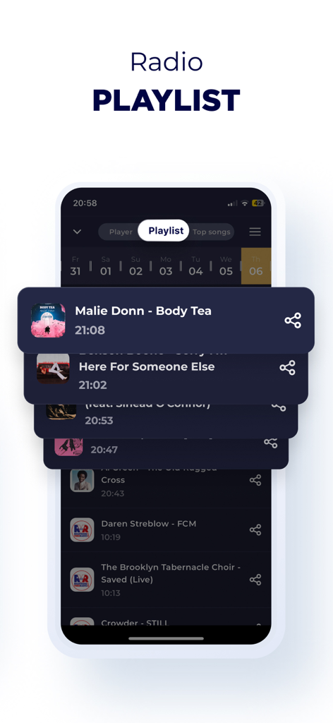 Screenshot of the playlist screen in the Jamaica Radio Live app showing a list of recently played songs with timestamps