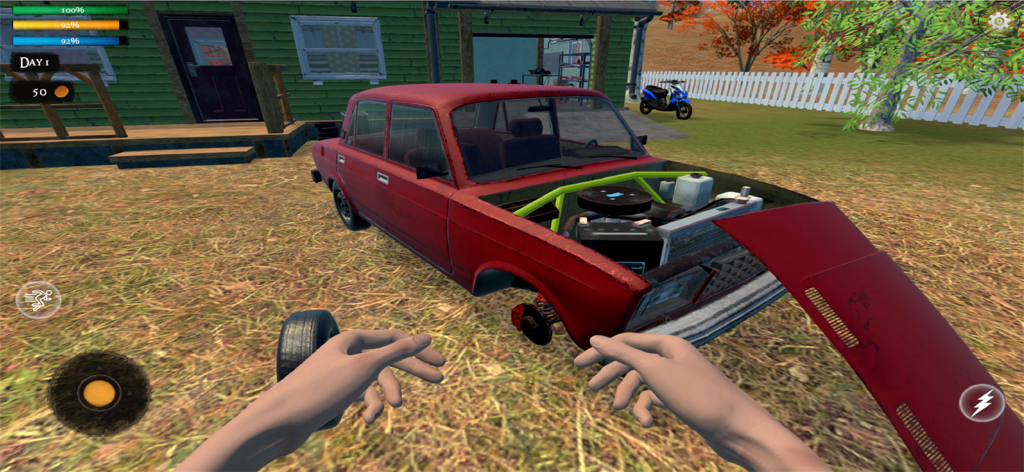 시뮬레이터 게임에서 플레이어가 빨간색 자동차 엔진을 수리하는 1인칭 시점