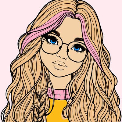 girl with long hair and freckles and glasses realistic