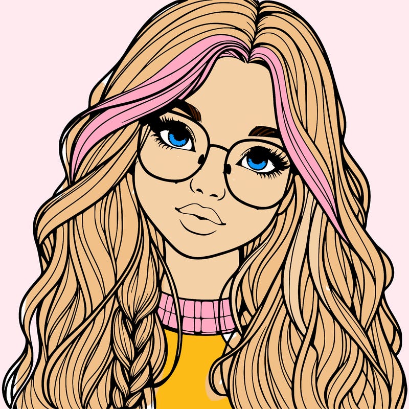 girl with long hair and freckles and glasses realistic