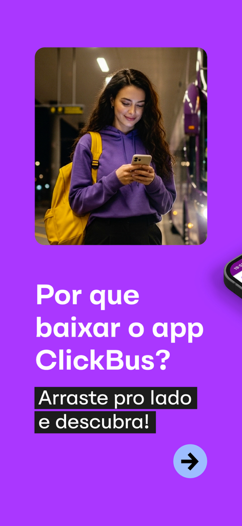 A young woman with a yellow backpack looking at her phone on a purple background with text asking why download the ClickBus app