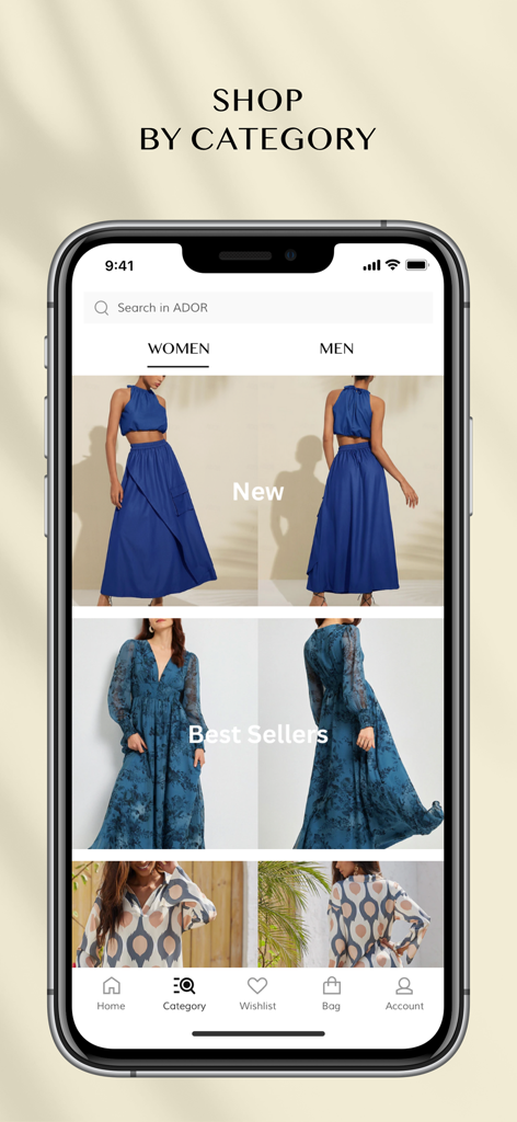 ADOR mobile app showing women clothing categories and trending styles