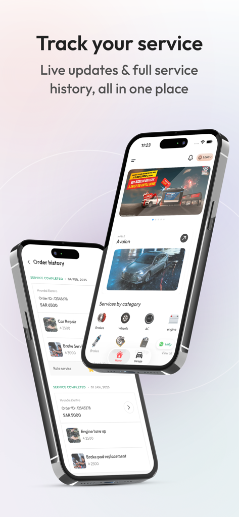 Two smartphones displaying the PETROMINit app service history and vehicle maintenance dashboard