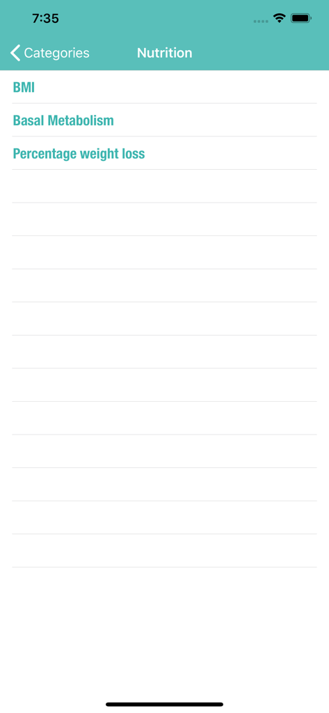Medical Calculator App - Lista de calculadoras de nutrición en la App de Calculadora Médica, incluyendo IMC y Metabolismo Basal.
