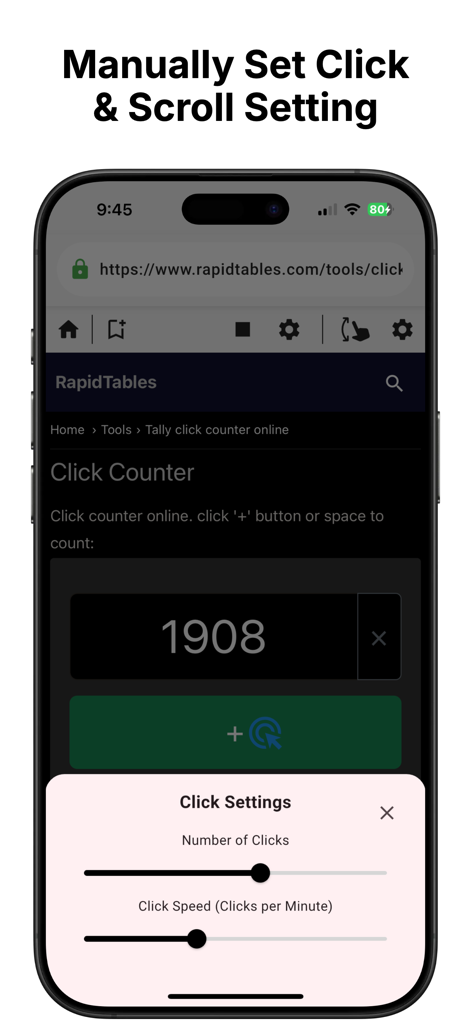 Auto Clicker : Auto Scroll - Interface for manually setting click count and speed in the Auto Clicker app