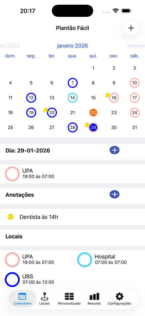 Plantão Fácil - A interface do aplicativo Plantão Fácil mostrando um calendário mensal com vários plantões de trabalho agendados e compromissos pessoais