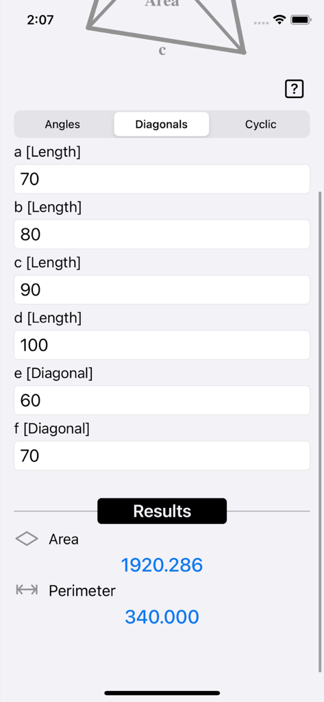 A screenshot of the Quadrilateral Calculator app showing a calculation for area and perimeter based on four sides and two diagonals.