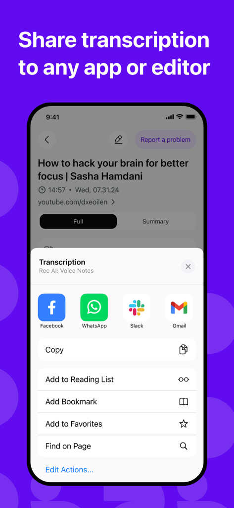 Interface of Whynote app showing options to share a transcription to other apps like Slack, WhatsApp, and Gmail.