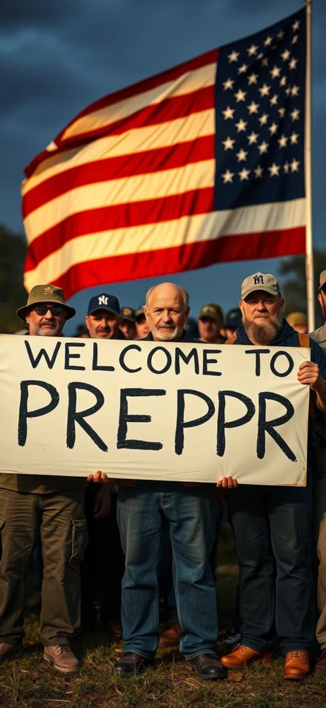 Preppr: Learn, Stock, Survive - A group of men holding a welcome to preppr sign with an american flag in the background