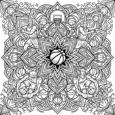 Experience the fusion of dynamic basketball action and intricate mandala design with this captivating coloring page. Featuring powerful NBA players within a symmetrical pattern, it's perfect for sports enthusiasts seeking a creative challenge.