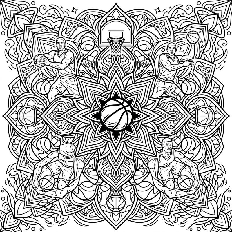 Experience the fusion of dynamic basketball action and intricate mandala design with this captivating coloring page. Featuring powerful NBA players within a symmetrical pattern, it's perfect for sports enthusiasts seeking a creative challenge.