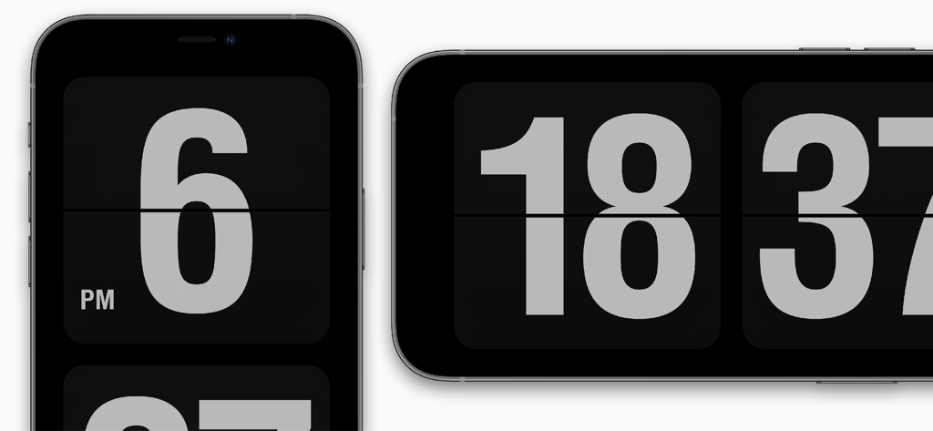 Minimalist Fliqlo flip clock interface on smartphone screens in portrait and landscape modes