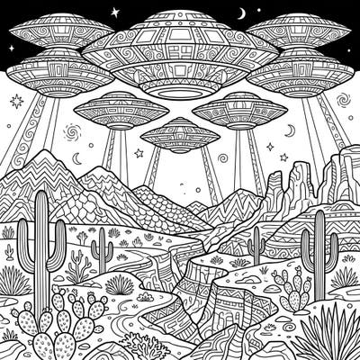 Dive into the enigmatic world of the Phoenix Lights phenomenon with this captivating adult coloring page. Featuring multiple intricately patterned UFOs hovering above a detailed desert landscape, it offers a challenging and rewarding creative escape.