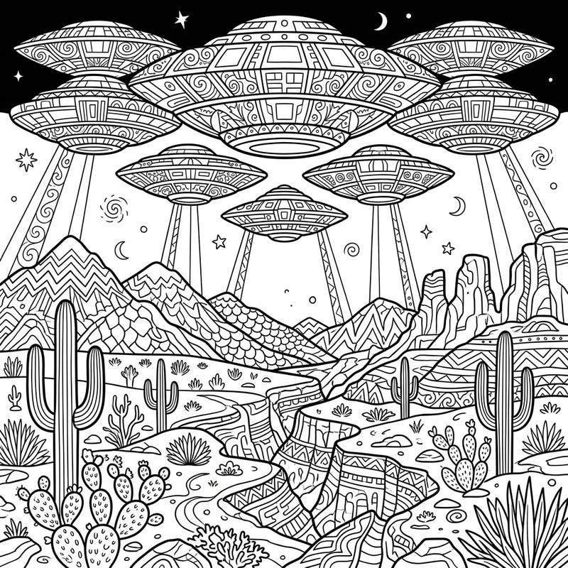 Dive into the enigmatic world of the Phoenix Lights phenomenon with this captivating adult coloring page. Featuring multiple intricately patterned UFOs hovering above a detailed desert landscape, it offers a challenging and rewarding creative escape.