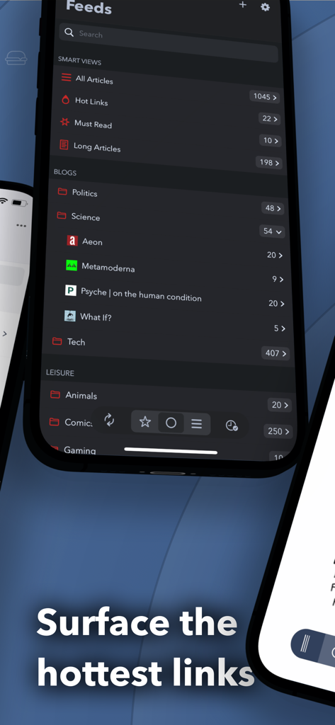 Fiery Feeds: News Reader - Interface of Fiery Feeds news reader app displaying smart folders and hot links