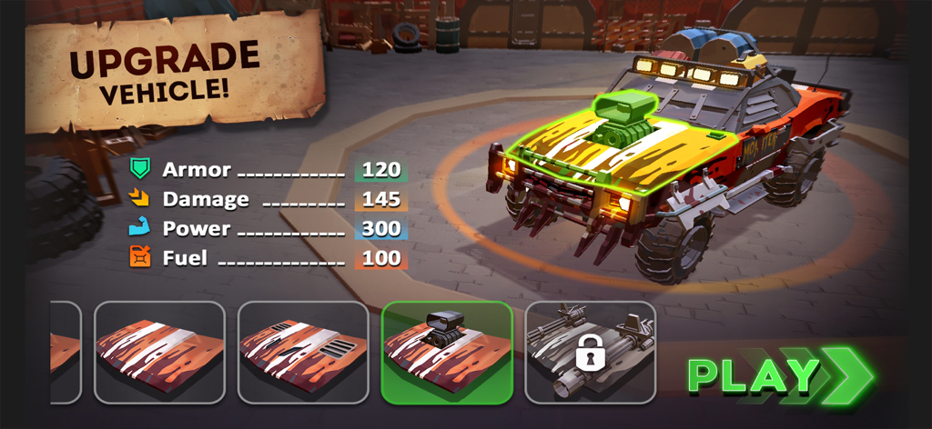 Last Survivor: Zombie Survival - A vehicle customization screen in Last Survivor showing an upgraded apocalypse car with its combat and performance stats.