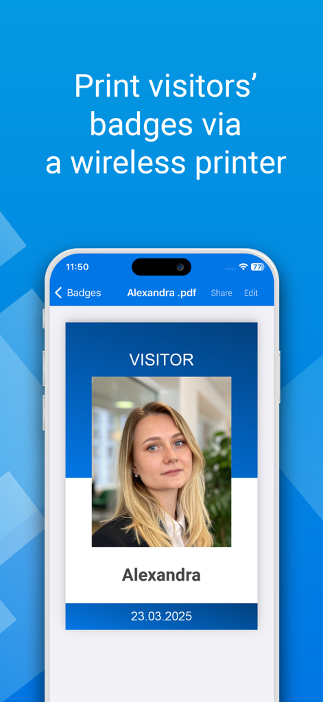 Digital visitor badge with photo and name shown on a smartphone for wireless printing.