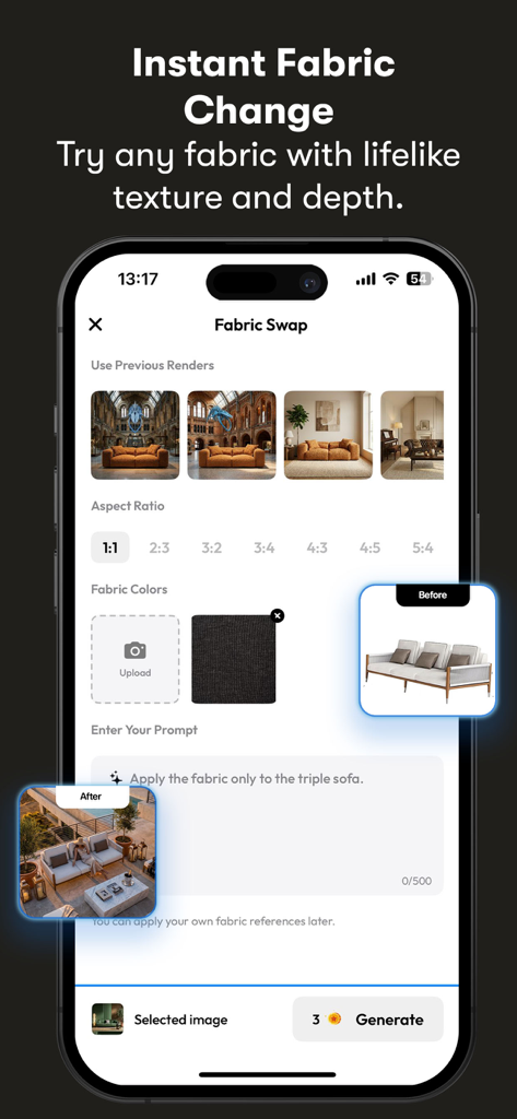Furnea app screen for changing furniture fabric and upholstery with AI